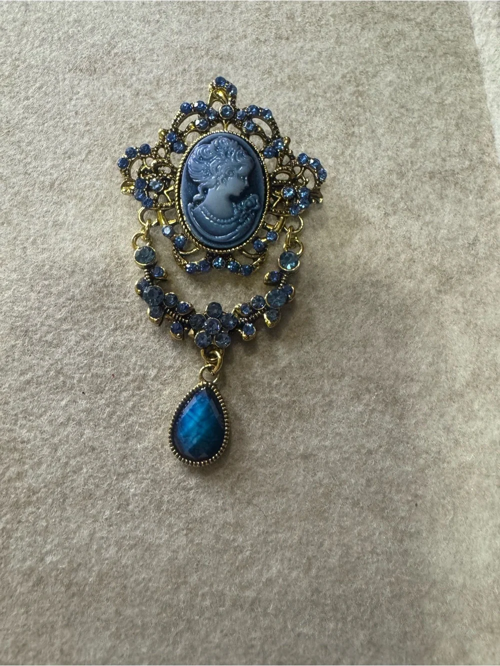 Gold-Tone Blue Cameo Drop Brooch with Teardrop Pendant